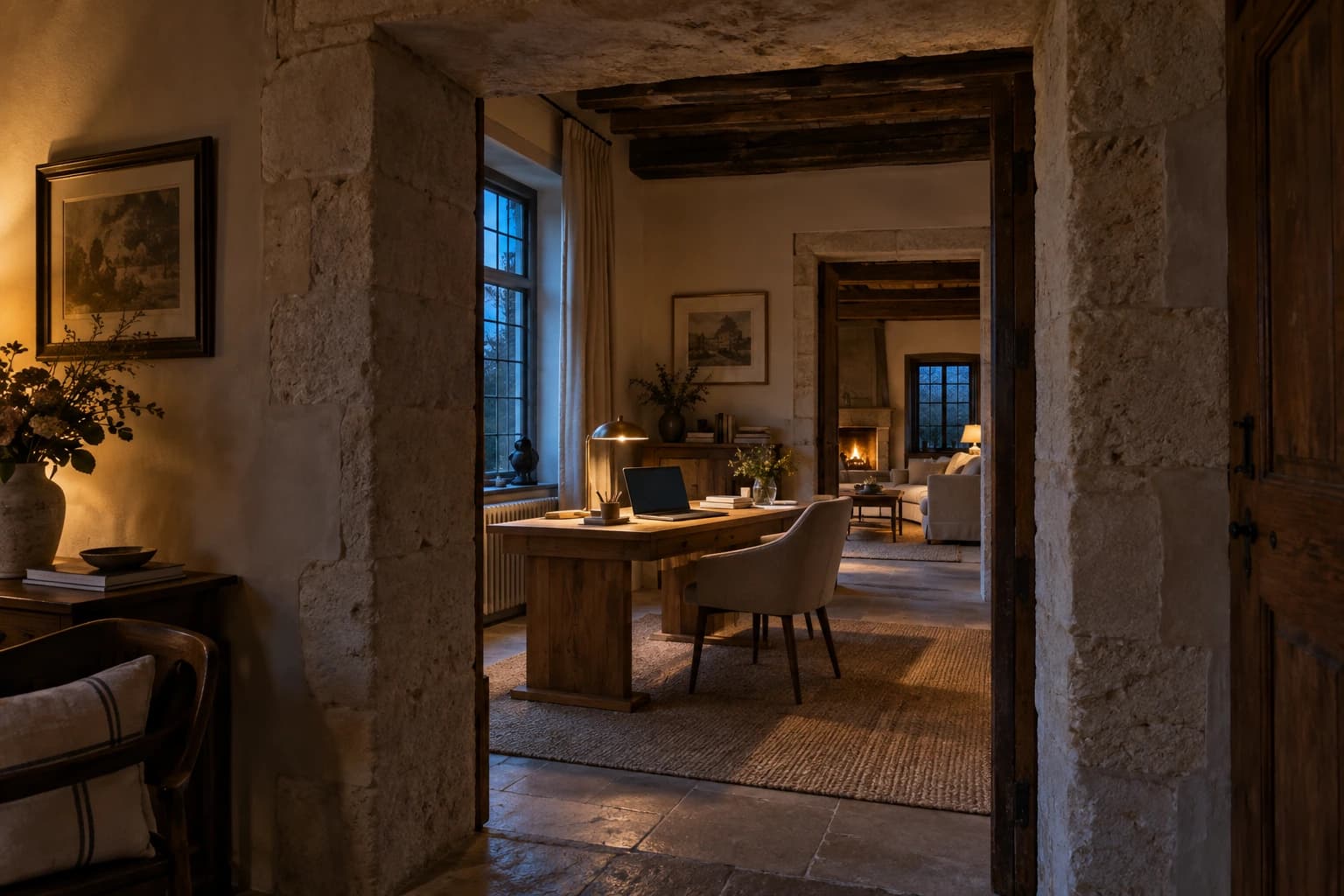 Bureau dans une maison ancienne avec des murs et encadrements épais en pierre — visuel d’ambiance