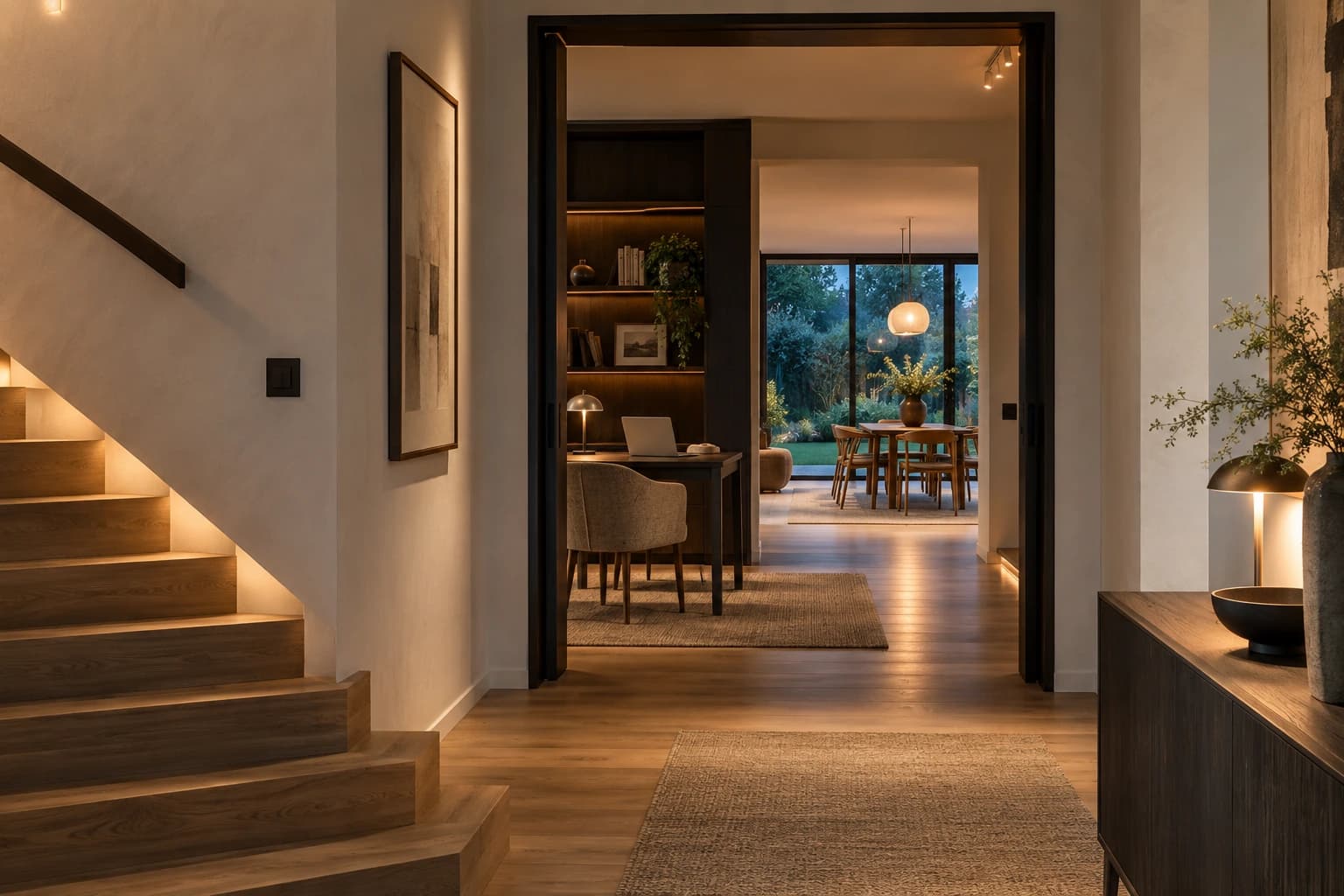 Escalier, bureau et salle à manger reliés par un espace de circulation — visuel d’ambiance