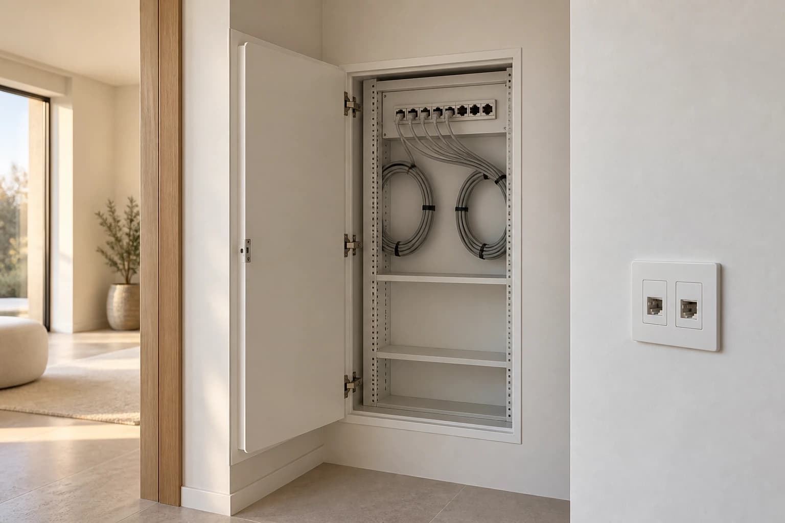 Coffret de communication à compléter et prises RJ45 dans une maison neuve — illustration